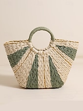 abordables Cabas et fourre-tout-Sac de plage élégant en paille tressée pour femme avec poignées circulaires, grande capacité, design bohème écologique, parfait pour l&#039;été, les vacances et les excursions d&#039;une journée