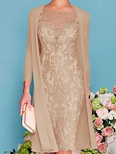 preiswerte Mit Jacke-zweiteiliges Etuikleid in Champagner für die Strandhochzeit, Mutter der Braut, elegantes Hochzeitsgastkleid mit Rundhalsausschnitt, knielang, Chiffonspitze, 3/4-Ärmel, Wickelkleid inklusive Jacke,