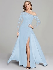 preiswerte Bodenlänge-Etuikleid Mutter der Braut Kleid formell elegant ein Schulter bodenlang Chiffon Langarm mit Spitze einfarbig 2025