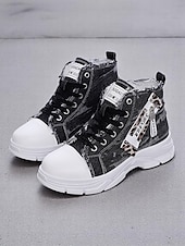 preiswerte Damen-Sneaker-Damen-Denim-High-Top-Plateau-Sneaker mit Leoparden-Detail – lässige Streetstyle-Schnürschuhe für Teenager und junge Erwachsene