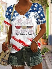 abordables Top jour de l’indépendance-T-shirt patriotique pour femmes graphique drapeau drapeau national élégant décontracté rouge blanc et bleu à manches courtes col en V régulier tops quotidiens impression noir été printemps