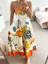 ieftine rochii imprimate din bumbac si in-Pentru femei Rochie Lunga Rochie Maxi Rochii de in bumbac Rochie casual Modă În aer liber Petrecere Concediu Fit regulat Floare Fără manșon Bretele Spagheti Portocaliu Vară