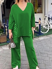 abordables Ensembles-Femmes Actif Mode Chemises en coton et lin Chemisier Ensembles de Pantalons manche longue Col en V Couleur Unie Paillettes Vacances Décontracté Quotidien Noir Blanche Rouge Été Coupe régulière