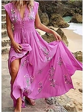Χαμηλού Κόστους Casual Floral Φορέματα-γυναικείο μίντι φόρεμα μποέμ με λαιμόκοψη φλοράλ κέντημα ελαστική μέση κορδόνι περίσφιξης κοντό μανίκι παραλία διακοπές ροζ άνετη κανονική εφαρμογή casual καλοκαιρινά ρούχα