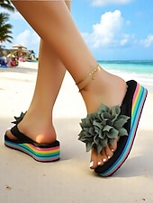 voordelige Slide Sandalen-Regenboog platform slippers voor dames met grote roze bloem, kleurrijke strandsandalen voor vakantie, tieners en jongvolwassenen, zomerse casual stijl