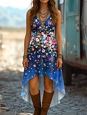 economico Abiti Floreali Stampati-Per donna Abito Midi Abito a trapezio Abito Estivo Casual Boho Uscire Spiaggia Vestibilità regolare Ombre Floreale Grafico Senza Maniche Scollo a V Rosso Blu Viola Verde Estate Primavera