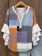 tanie Damskie topy w paski i geometryczne-Damskie Bluzka Graficzny Geometryczny Kratka Zabytkowe Codzienny Elegancki Rękaw 3/4 W serek Zwykłe topy Codzienny Święto Ubrania wakacyjne Falbana Nadruk Żółty Czerwony Niebieski Fioletowy Zielony