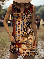 ieftine Rochii boho-Pentru femei Rochie Mini Rochie de Vară Rochie A line Rochie de vară Rochie cu umeri Casual Concediu Plajă Fit regulat Grafic Tribal Fără manșon În V Galben Roșu-aprins Albastru piscină Mov Var