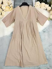 economico Abiti boho-Per donna Abito Midi Abito in cotone e lino Classico Moderno All&#039;aperto Vacanza Ferie Vestibilità regolare Semplice Manica Corta Scollo a V Cachi Estate