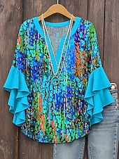 preiswerte Damen Kunst- und Design-Oberteile-Damen Bluse mit gestuften Rüschensäumen Grafik Geometrisch Abstrakt Täglich Stilvoll Lässig 3/4-Ärmel V-Ausschnitt Reguläre Oberteile Tägliches Urlaubsbekleidung Druck Pink Rot Blau Lila Sommer