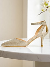 abordables cocktail-Chaussures à talons et bride cheville pailletées dorées pour femmes, chaussures habillées à bout pointu pour cocktails et événements formels