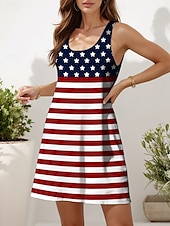 abordables Robe du Jour de l&#039;Indépendance-Robe patriotique pour femmes robe mini robe d&#039;été robe décontractée boho régulière graphique drapeau géométrique sans manches col U rouge