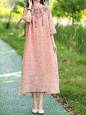 ieftine Rochii-Pentru femei Rochii Midi Rochie din in bumbac Rochie florala Modă Modern Vacanță Zilnic Concediu Fit regulat Floare Manșon Jumate Guler de stand Roz Îmbujorat Albastru piscină Trifoi Caisă Vară