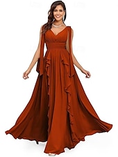 baratos Vestidos de Noite-Vestidos de Quinceanera A-Line Vestido Elegante Performance Natal Comprimento do Chão Sem Mangas Decote V Chiffon Costas Nuas com Pregas