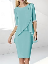 preiswerte Teelänge-Strandhochzeit Etuikleid Mutter der Braut Kleid Hochzeitsgast Eleganter Juwelenausschnitt Teelänge Chiffon halblangärmelig mit Perlen-Raffung