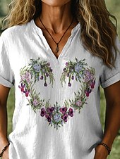 billige Kvinnenes Kunst &amp; Design Topper-Dame Bluse Hjerte Blomstret Grafisk Stilfull Kortermet V-hals Hals med hakk Vanlige topper Daglig Trykt mønster Hvit Sommer