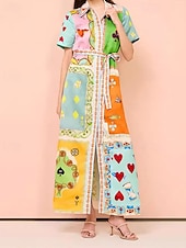 abordables concevoir des robes en coton et lin-Femmes Robe Longue Maxi Robe Robes en coton et lin Robe Décontractée Mode Extérieur Soirée Fête Coupe régulière Bloc de Couleur Manche Courte Col de chemise Orange Été