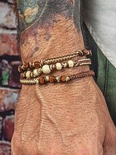 abordables Joyas para hombres-Juego de pulseras de cuentas hechas a mano para hombre: madera natural y cordón trenzado, joyería ajustable de estilo bohemio para playa, festivales y ropa informal.