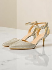 abordables cocktail-Chaussures à talons et bride cheville pailletées dorées pour femmes, chaussures habillées à bout pointu pour cocktails et événements formels