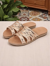 cheap Slide Sandals-Women's Bronze Multi-Strap Flat Slide Sandals – Bohemian Style Open Toe Slippers for Daily Wear, Travel, and Vacation