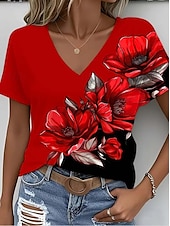 abordables T-shirt floral-Femmes T-shirt A Ombre Graphique Plantes Mode Hawaïen Occasionnel manche longue Col en V Hauts Réguliers Quotidien Sortir Week-end Imprimé Jaune Rouge Été Printemps