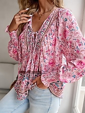 preiswerte Boho Tops-Damen Hemd Boho-Hemd Sommeroberteile Blume Täglich Stilvoll Lässig Langarm V Ausschnitt Normale Oberteile Arbeit Täglich Ferien Druck Rosa Marineblau Blau Frühling Herbst