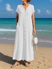 tanie Białe Sukienki Codzienne-Damskie Sukienka maxi Sukienka letnia Sukienka A line Codzienny Boho Styl plażowy Codzienny Regularny Czyste kolory Krótki rękaw W serek Biały Niebieski Żółtobrązowy Fioletowy Lato