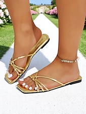 preiswerte Kleidungs-Sandalen-goldene flache Damensandalen mit gekreuztem Design – stylische flache Sandalen für Verabredungen am Abend und den Alltag