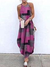 tanie Sukienki boho-Damskie Długa sukienka sukienka maxi Sukienka w kwiatki Sukienka z nadrukiem Moda Nowoczesny Na zewnątrz Urlop Wyjściowe Regularny Kwiat Bez rękawów Półgolf Czerwony Niebieski Czerwona róża Lato