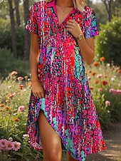 ieftine Rochie Artă și Design-Pentru femei Rochii Midi Rochie A line Rochie de vară Vacanță Casual Stiluri de Plajă Dată Rochie de vară Fit regulat Grafic Geometric Abstract Manșon scurt Rever Galben Roșu-aprins Albastru piscin