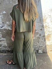 cheap Sets-Women&#039;s Active Basic Cotton Linen Sets Short Sleeve Crew Neck Solid Color Ruffle Casual Daily Black Army Green Orange Summer Regular Fit