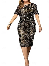 preiswerte Teelänge-Kleid Brautmutter Kleid Elegant Rundhalsausschnitt Tee Länge Spitze Kurzarm mit Pailletten
