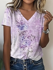 abordables T-shirt Boho-Femmes T-shirt Fleuri Graphique Paisley Bohème ancien Élégant Manche Courte Col en V Hauts Réguliers Quotidien Sortir Week-end Imprimé Vert cendré Violet Beige Été