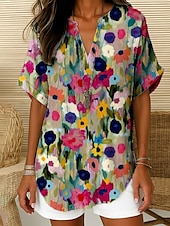 abordables Hauts Floraux-Femmes Chemisier A Ombre Fleuri Rayé Élégant Quotidien Ethnique Manche Courte Col en V Encolure en V Hauts Réguliers Quotidien Fête Sortir Bleu Denim Vert cendré Blanche Vert Claire Bleu Poudré Été