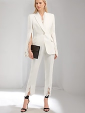 abordables Costumes-pantalons pour maman-Combinaison ivoire  ensemble de pantalon pour mère de la mariée ensemble blazer élégant vintage simple décolleté V col longueur cheville en crêpe à manches longues avec fente et bord scallopé en