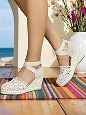 economico Sandali espadrilles-sandali con zeppa espadrillas in pizzo all'uncinetto da donna - scarpe con plateau chiuse in stile vintage con cinturini alla caviglia, ideali per matrimoni estivi in spiaggia e feste in giardino