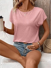 preiswerte Einfarbiges T-Shirt-Damen T-Shirt Einfarbig Einfach Mode Modern Lässig Kurzarm Rundhalsausschnitt Regulär Oberteile Täglich Wochenende Spitze Patchwork Schwarz Weiß Pink Khaki Sommer