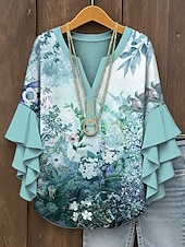 billige Blomstrete topper-Dame Bluse Nyanse Blomstret Grafisk Elegant Bohem Etnisk 3/4 ermer V-hals Vanlige topper Daglig Ferie Ferieklær Trykt mønster Gul Rosa Blå Lilla Grønn Sommer Vår Høst