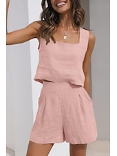 abordables Ensembles-Femmes Actif Basique Ensembles en coton et lin Sans manches Col carré Couleur Unie Décontracté Quotidien Noir Rose Claire Vert Véronèse Été Coupe régulière