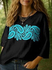 preiswerte Damen Boho Tops-Damen Bluse Grafik Paisley-Muster Bohemien Tropisch Lässig Dreiviertelarm Rundhalsausschnitt Normale Oberteile Täglich Ferien Urlaubskleidung Druck Weiß Blau Purpur Grün Sommer Frühling