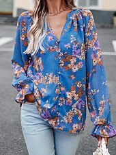 billige Boho topper-Dame Boho skjorte Bluse Blomsternål i krystall Moderne Bohem Langermet V-hals Vanlige topper Daglig Ut på byen Trykt mønster Svart Navyblå Blå Aprikos Sommer