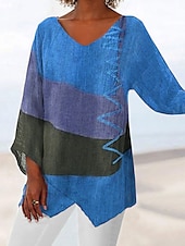 cheap Tunic Tops-Women&#039;s Tunic Shirt Blouse Basic Color Block Print Long Sleeve Long Tops V Neck Casual Red Spring Fall