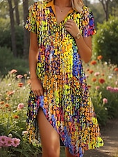 ieftine Rochie Artă și Design-Pentru femei Rochii Midi Rochie A line Rochie de vară Vacanță Casual Stiluri de Plajă Dată Rochie de vară Fit regulat Grafic Geometric Abstract Manșon scurt Rever Galben Roșu-aprins Albastru piscin