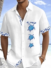 cheap Vacation-Men&#039;s Shirt Linen Shirt Summer Shirt Beach Shirt Button Up Shirt Turtle Vacation Holiday White Pink Sky Blue Green Short Sleeve Turndown Summer Clothing Apparel Front Pocket