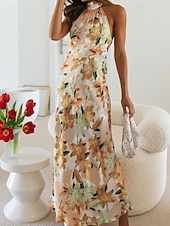 cheap Print Floral Dresses-Women's Long Dress Maxi Dress Floral Dress Halter Neck Dress Fashion Modern Vacation Going out Weekend Regular Fit Flower Sleeveless Halter Neck Yellow Pink Green Summer