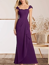 voordelige Vloerlengte-A-Lijn Moeder van de Bruid Jurk Bruiloft Gast Elegante Hartvormige Vloerlengte Chiffon Kap Mouw met Kant Ruching