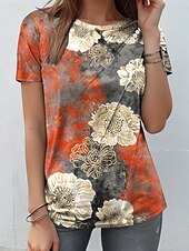 abordables T-shirt floral-Femmes T-shirt Fleuri Graphique ancien Élégant Classique Manche Courte Col ras du cou Col rond Hauts Réguliers Quotidien Imprimé Orange Été