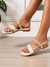 cheap Dress Sandals-Women&#039;s White Strappy Flat Sandals with Crisscross Design - Minimalist Slip-On Summer Shoes for Casual Dates and Everyday Outfits