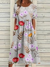 preiswerte Lässige Blumenkleider-Damen Midikleid Freizeitkleid Blumenkleid Klassisch Modern Urlaub Täglich Ausgehen Normale Passform Blume Kurzarm Rundhalsausschnitt Purpur Grau Sommer