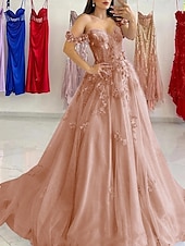 levne Plesové šaty-Šaty A-line Plesové šaty Elegantní šaty Formální s vlečkou Bez rukávů Srdíčkový výstřih Tyl se záhyby Flitrové aplikace Masquerade šaty